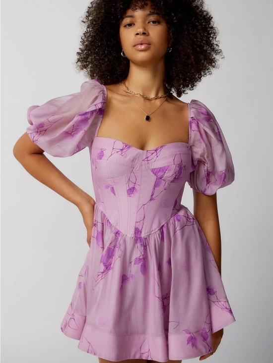Bardot Dresses & Skirts - Whimsical Garden Party Fairy Bardot Kiah Corset Mini Dress Purple Floral Puff
